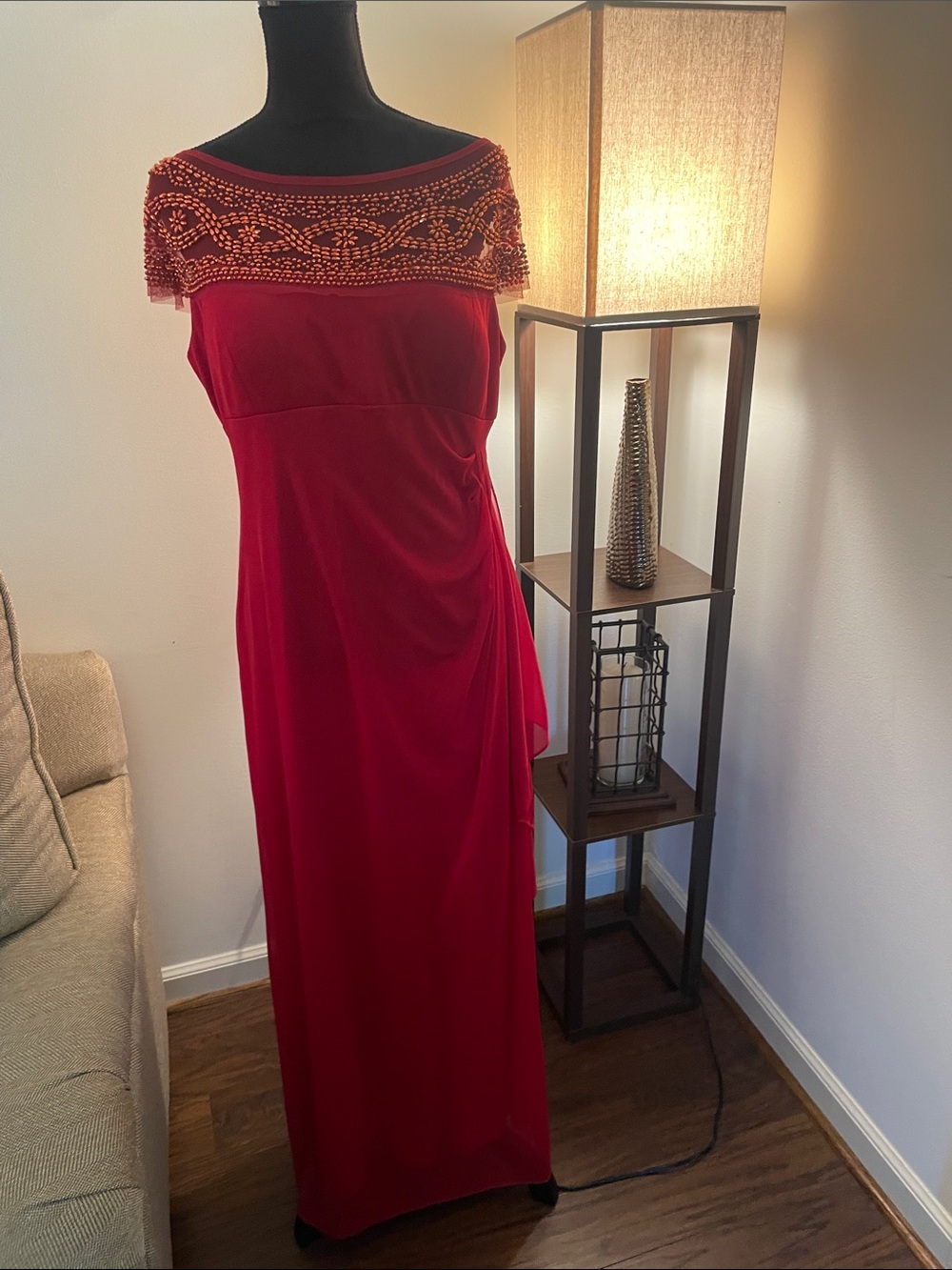 R&M Richards Red One-Shoulder Evening Gown with Beaded Yoke
